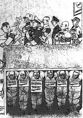 1936 m. amerikiečių karikatūra. Per trejus metus aš atkūriau vokiečių tautos garbę ir laisvę (iš Hitlerio kalbos)
