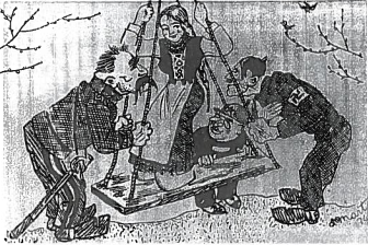 1934 m. karikatūra Likimo sūpuoklės, vaizduojanti tarptautinę Lietuvos padėtį.