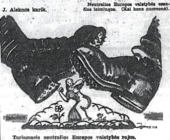 1940 m. karikatūra, pašiepianti Lietuvos neutraliteto politiką. Kuntaplis, Nr. 18