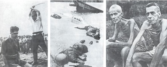 Japonija karo metu žadėjo laikytis 1929 m. Ženevos konvencijos. Bet... pagarsėjo ypatingu žvėriškumu, belaisvių kankinimais, net žudymu, masiniu civilių naikinimu. Po karo paaiškėjo, kad belaisvių stovyklose japonų specialistai su žmonėmis atlikinėjo įvairiausius eksperimentus, bandė naujausius ginklus, tarp jų ir bakteriologinį. Kartais belaisviai stovėdavo vietoj taikinių naujokų šaudymo pratybose. Šimtai tūkstančių žmonių tapo karo nusikaltėlių aukomis. Po karo įrodyta, kad šie nusikaltimai dažniausiai vykdyti Japonijos vadovybės nurodymu ar su jos žinia. Už karo nusikaltimus Tokijo karinis tribunolas 7 karo nusikaltėlius pasmerkė mirties bausme pakariant, o dar dvi dešimtis - įvairiomis laisvės atėmimo bausmėmis. Kairėje - japonų karininkas nužudo belaisvį. Viduryje - žuvę amerikiečiai. Naujoji Gvinėja, 1943 m. Milijonų vyrų žuvusių karo mūšiuose, žinomi ir nežinomi kapai nusėjo Europą, Afriką ir Aziją. Dešinėje - buvę belaisviai, Filipinai, 1945 m. vasario mėn. Jiems pasisekė. Jie liko gyvi. Daug į japonų nelaisvę patekusių vyrų žuvo