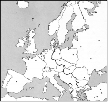 Europa po Antrojo pasaulinio karo kontūrinis žemėlapis 2013 VBE 10 testinio klausimo žemėlapis
