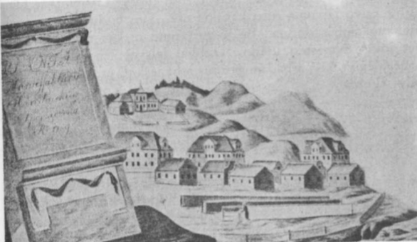 Gorodnica 1789 m. Gardino priemiestis kur Tizenhauzas buvo įrengęs fabrikų sena graviūra