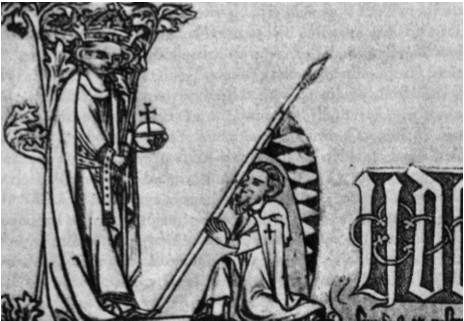 Imperatorius Liudvikas IV Bavarietis 1337 m. dovanoja ordino magistrui Ditrichui von Altenburgui Lietuvą. Šitaip yra papuošta pirmoji dovanojamojo dokumento raidė L. Čia stovįs imperatorius ir klūpąs magistras sudaro raidę I; toliau čia pat dar matyti: udo[vicus].