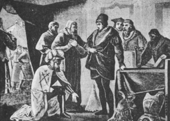 Livonijos ordino magistras Fūrstenbergas Pasvaly atsiprašo Zigmantą Augustą 1557 m. rugsėjo 14 d. (ano meto paveikslas).
