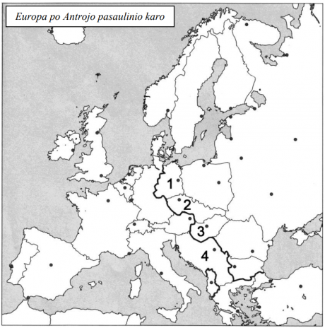 2018 m. VBE 22 testinio klausimo žemėlapis Europa po Antrojo pasaulinio karo