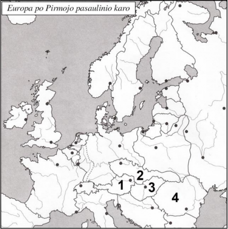 2020 VBE 21 testinio klausimo žemėlapis Europa po Pirmojo pasaulinio karo