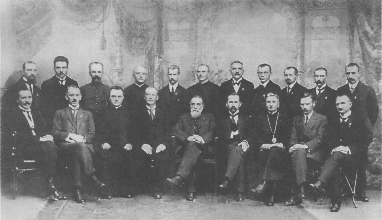 Lietuvos valstybės Taryba. Iš kairės sėdi: Jonas Vileišis, Jurgis Šaulys, Justinas Staugaitis, Stanislovas Narutavičius, Jonas Basanavičius, Antanas Smetona, Kazimieras Šaulys, Steponas Kairys, Jonas Smilgevičius; stovi: Kazimieras Bizauskas, Jonas Vailokaitis, Donatas Malinauskas, Vladas Mironas, Mykolas Biržiška, Alfonsas Petrulis, Saliamonas Banaitis, Petras Klimas, Aleksandras Stulginskis, Jokūbas Šernas, Pranas Dovydaitis 219860 html 111d4274