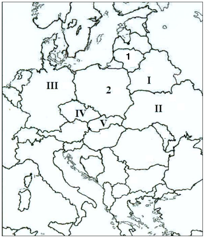 Žemėlapis B: Europos valstybių kontūrai, skaičiais 1, 2 ir romėniškais skaičiais I-V pažymėtos valstybės