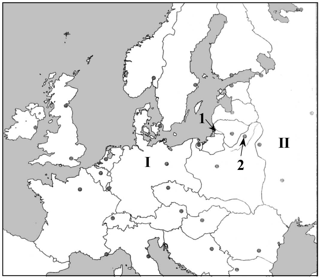 Žemėlapis A: Europos valstybių kontūrai, romėniškais skaičiais I, II pažymėtos valstybės, rodyklėmis 1 ir 2 teritorijos prie Baltijos jūros