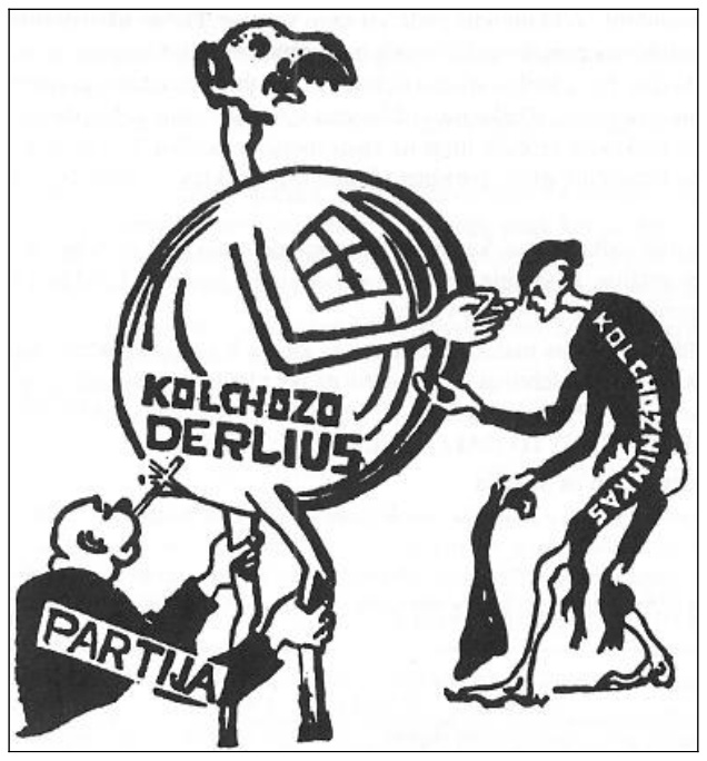 Karikatūra: žmogus su užrašu „Partija“ ir liesas „Kolchozninkas“ prie didelio maišo „Kolchozo derlius“