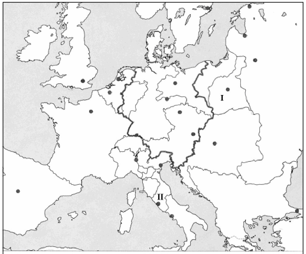 Žemėlapis A: Europos valstybių kontūrai su sostinėmis, paryškinta siena ir romėniškais skaičiais I, II pažymėtos teritorijos