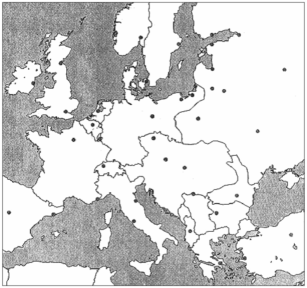 Žemėlapis B: Europos valstybių kontūrai su sostinėmis