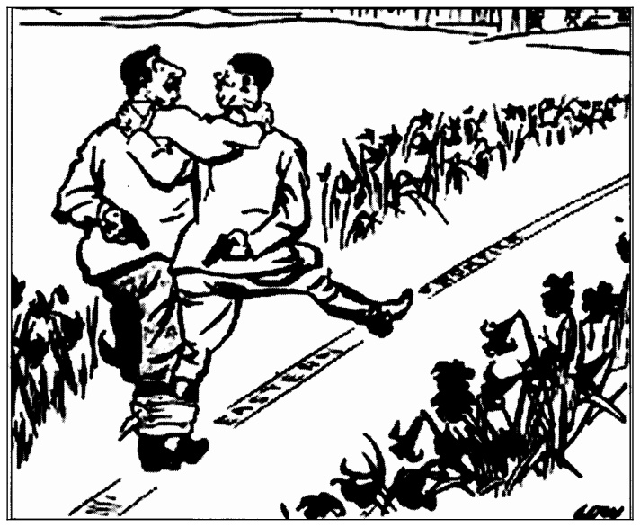 1939 m. karikatūra: du vyrai apsikabinę žengia taku tarp gėlių, kiekvienas už nugaros kažką laiko