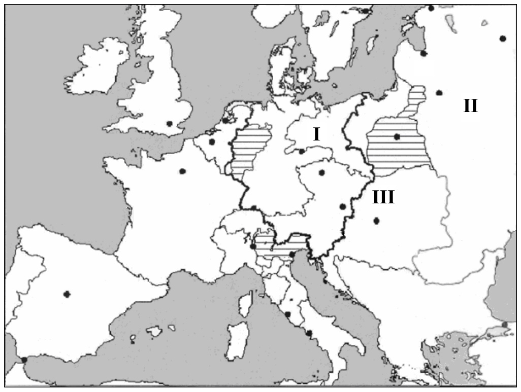 Žemėlapis A: Europos valstybių kontūrai su sostinėmis, romėniškais skaičiais I, II, III pažymėtos valstybės, užbrūkšniuotos teritorijos