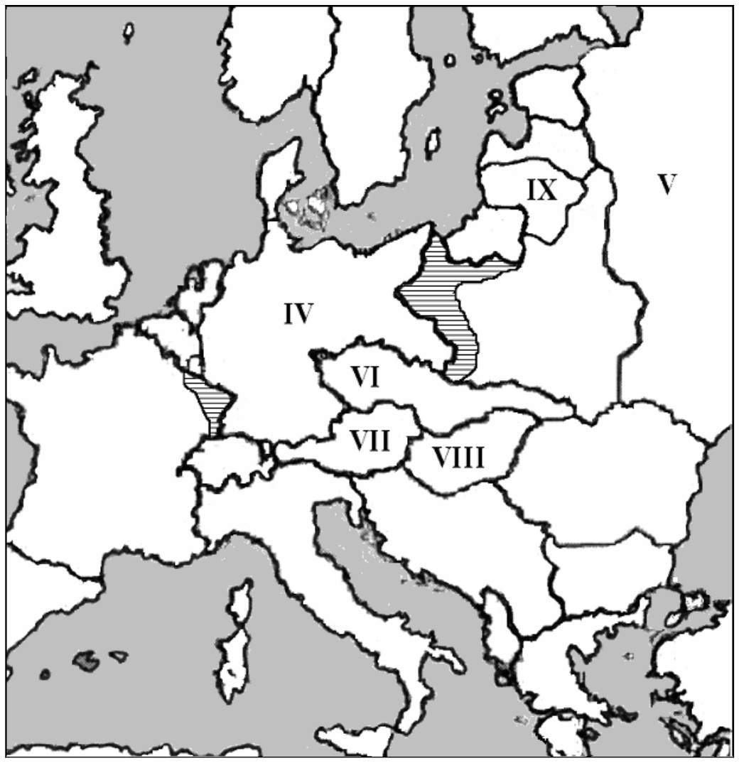 Žemėlapis B: Europos valstybių kontūrai, romėniškais skaičiais IV-IX pažymėtos valstybės, užbrūkšniuotos teritorijos