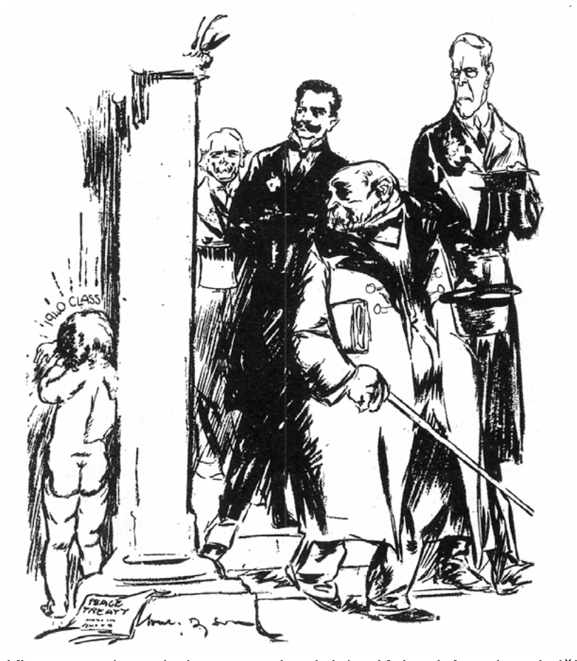 1919 m. britų karikatūra „Taika ir ateitis – parakas patrankoms“: politikai išeina iš rūmų pro koloną, už kurios verkia vaikas „1940 klasė“