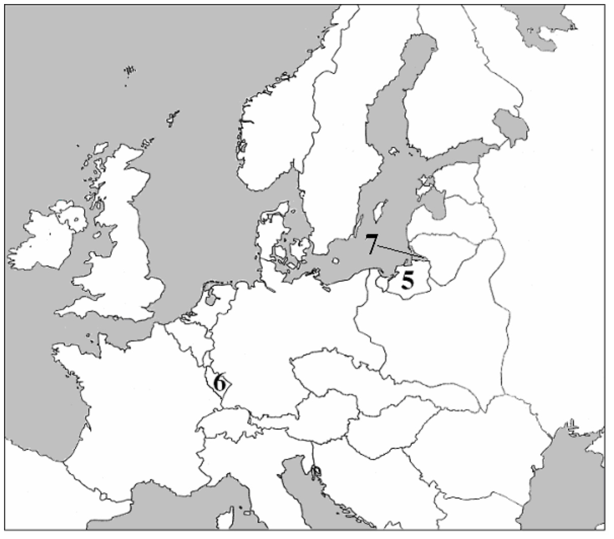 Žemėlapis: Europa, skaičiais 5, 6 ir 7 pažymėtos vietos