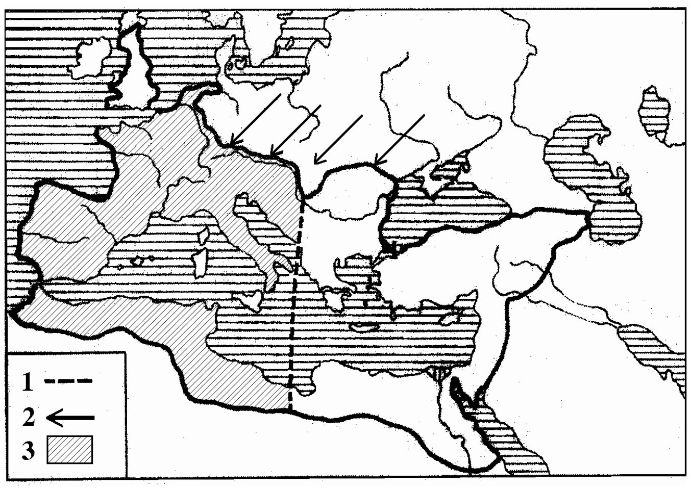 Žemėlapis: Romos imperija ir jos padalijimas, legendoje 1 – linija, 2 – rodyklės (įsiveržimai), 3 – teritorija