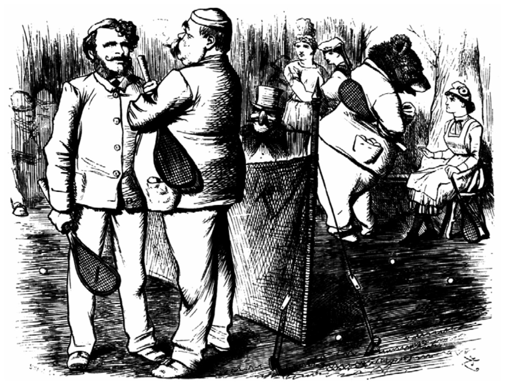 1879 m. britų karikatūra „Dienos žaidimas“: du žaidėjai su raketėmis prie tinklo, už kurio stovi meška ir kiti veikėjai