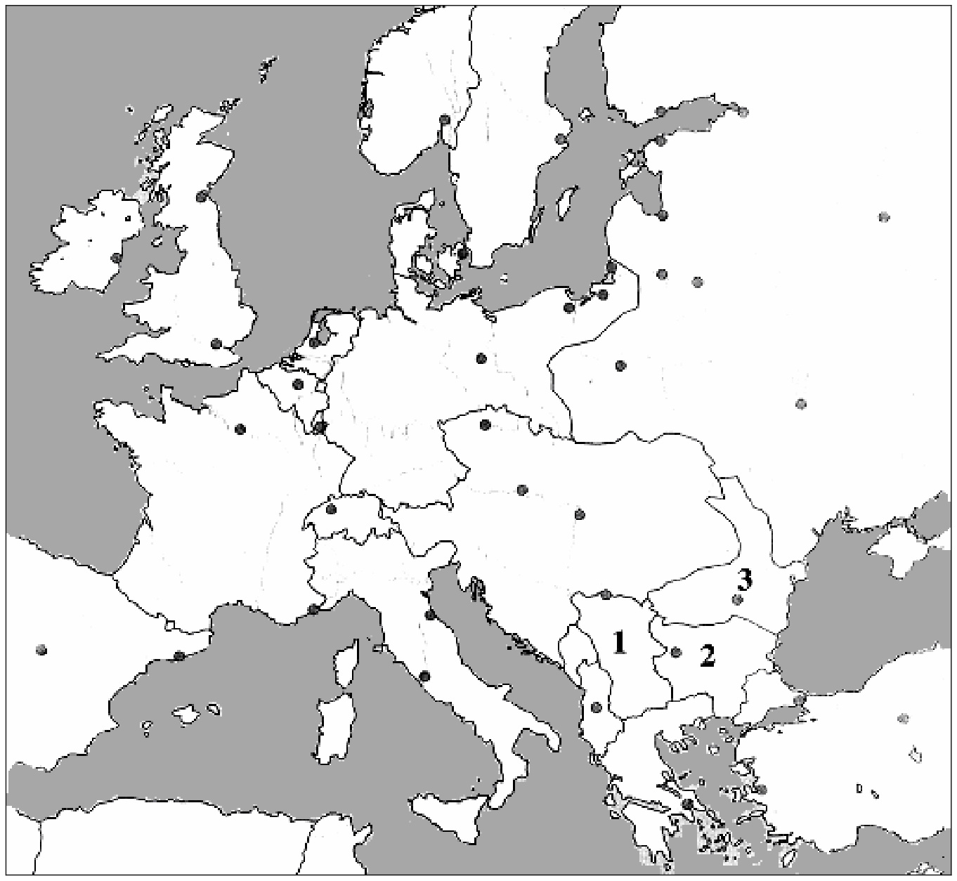 Žemėlapis: Europa XIX a. pab., Balkanuose skaičiais 1, 2 ir 3 pažymėtos valstybės