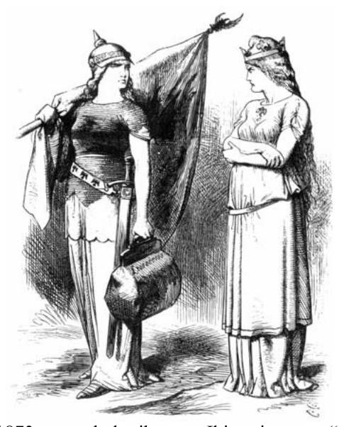 1873 m. anglų karikatūra „Iki pasimatymo“: dvi karūnuotos moterys, Vokietija su šalmu ir Prancūzija, atsisveikina