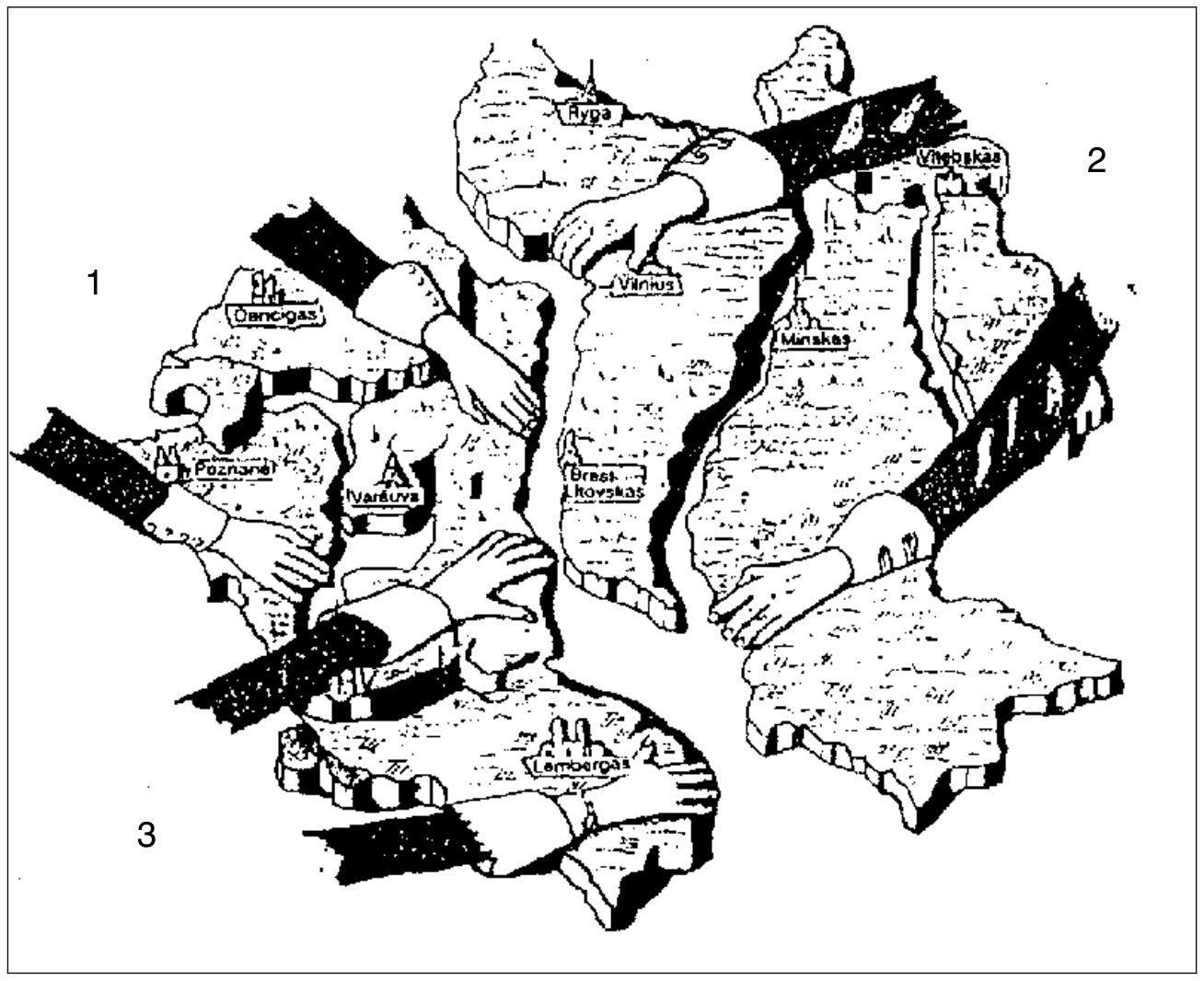 Žemėlapis-karikatūra: Lietuvos teritoriją iš trijų pusių (1, 2, 3) tempia rankos, pažymėti Vilnius, Kaunas, Klaipėda, Ryga