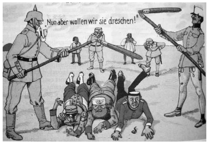 Karikatūra „Na, ir iškulsime mes juos!“ („Nun aber wollen wir sie dreschen!“): vokiečių ir austrų kariai spragilais kulia priešų karius