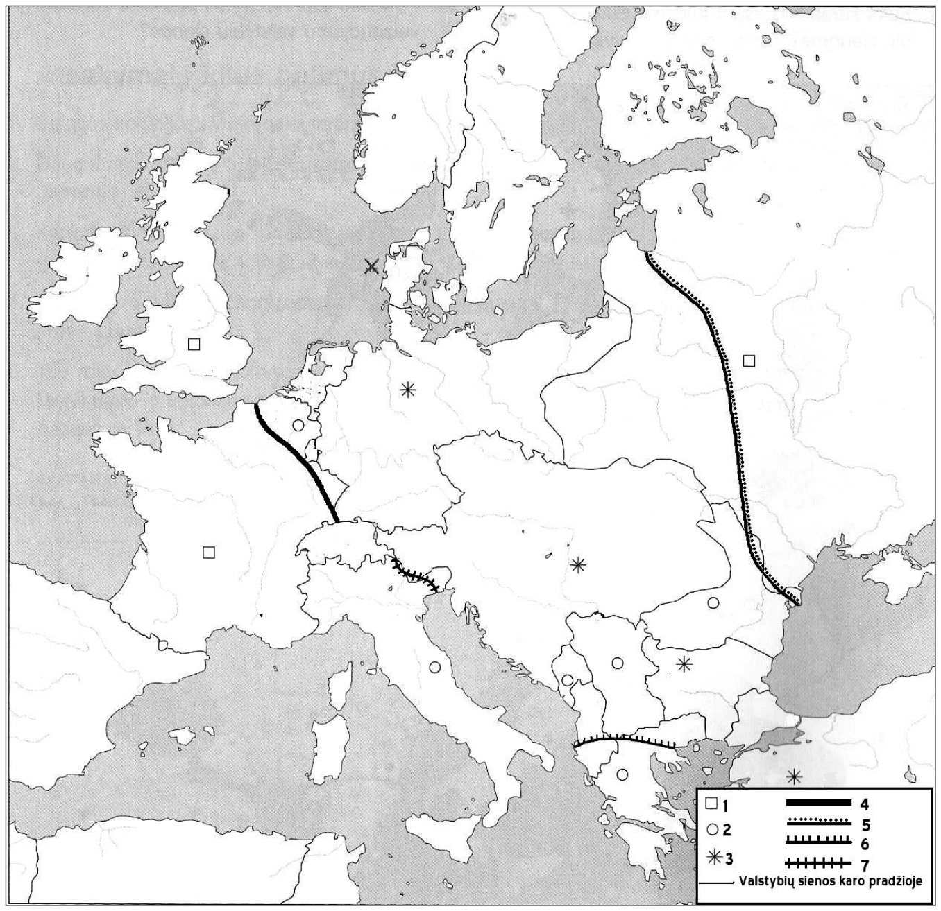 Žemėlapis: Pirmojo pasaulinio karo frontai Europoje, legendoje ženklai 1–7 ir valstybių sienos karo pradžioje
