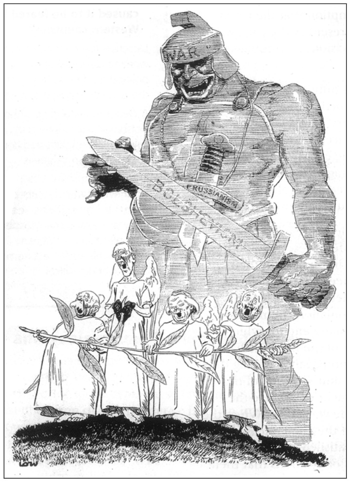 1919 m. karikatūra „Taika, tobula taika“: milžinas „War“ su kalaviju „Prussianism“ ir „Bolshevism“ stovi už keturių giedančių figūrų su palmių šakelėmis