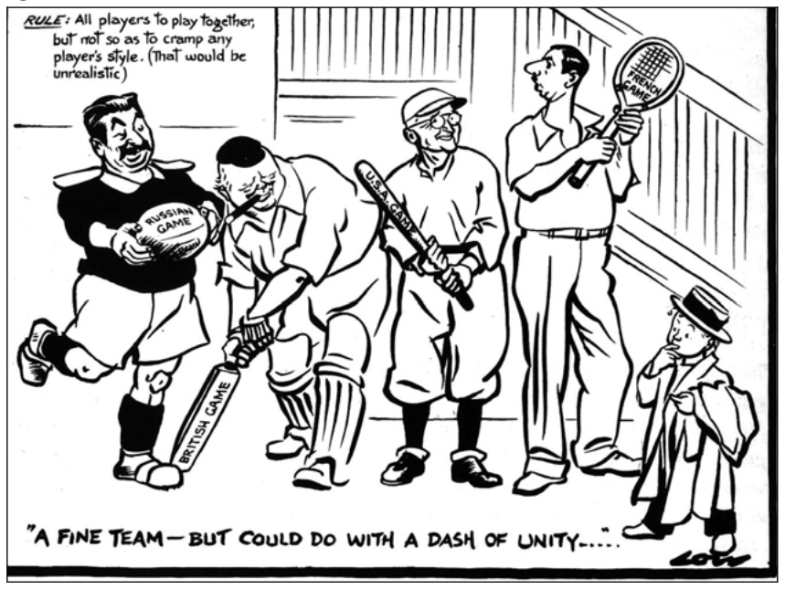 Deivido Lou karikatūra „A fine team, but could do with a dash of unity“: Stalinas, Čerčilis, Trumenas ir kiti žaidėjai su skirtingų žaidimų įranga
