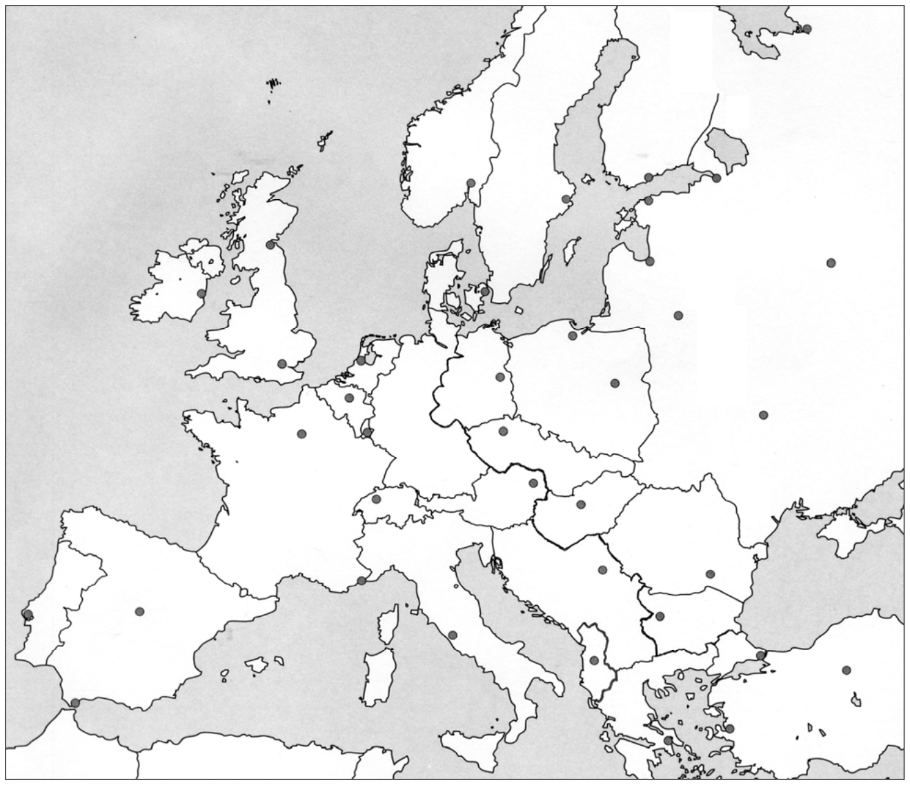Žemėlapis: Europa po Antrojo pasaulinio karo, valstybių sienos ir sostinės