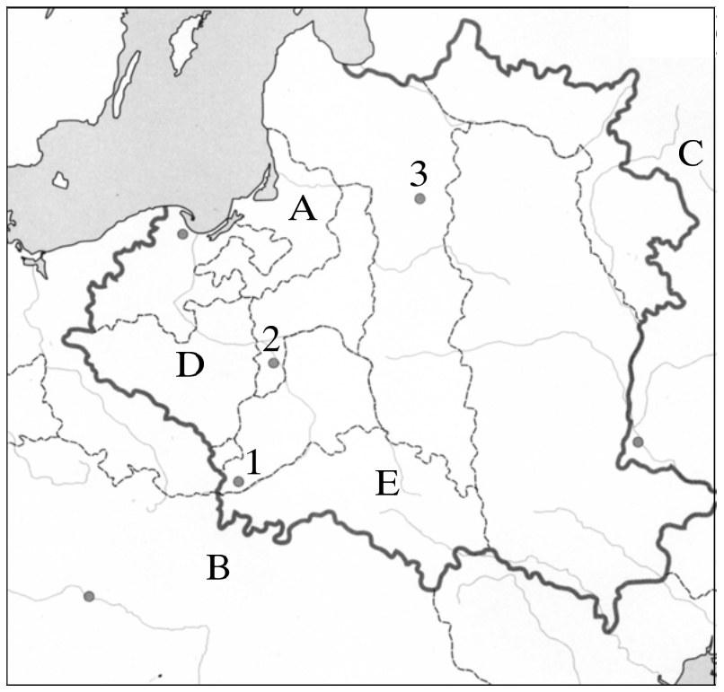 Žemėlapis: Abiejų Tautų Respublikos padalijimai, raidėmis A–E pažymėtos teritorijos, skaičiais 1–3 miestai