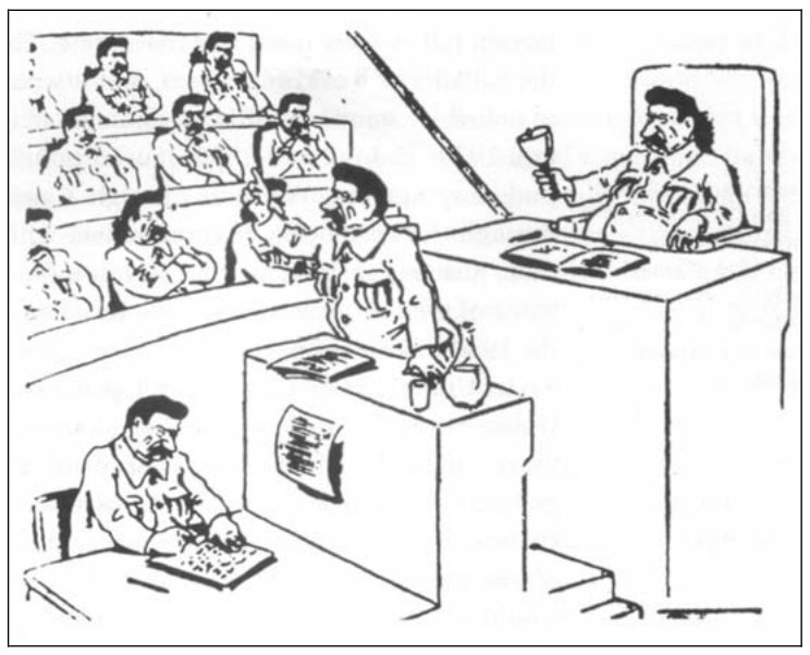 1936 m. karikatūra: Stalinas skaito „Stalino konstituciją“ prezidiume, delegatai su Stalino veidais ploja