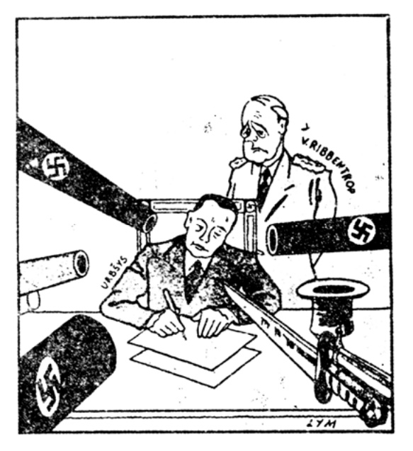 Karikatūra: J. Urbšys pasirašo sutartį prie stalo, apsuptas patrankų vamzdžių su svastikomis, už jo stovi J. fon Ribentropas