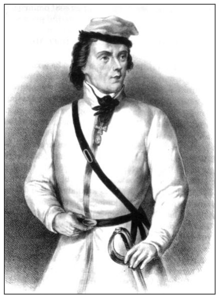 2: litografija, jaunas vyras baltu švarku, su kepure, perjuosta juosta ir kardu