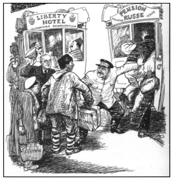 1947 m. karikatūra „Konkurentų autobusai“: du autobusai su užrašais „Liberty Hotel“ ir „Pension Russe“; vyras su skrybėle kviečia keleivius su lagaminais „Austria“, „Bulgaria“ į kairįjį, vyras uniforma stumia keleivius į dešinįjį