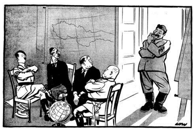 Deivido Lou karikatūra „Kodėl man nėra kėdės?“: Stalinas stovi prie durų, o keturi Vakarų politikai sėdi prie stalo su gaubliu