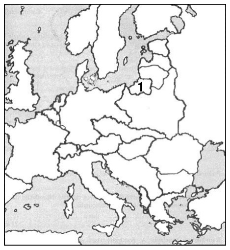 Žemėlapis: Europa, skaičiumi 1 pažymėta teritorija prie Baltijos jūros