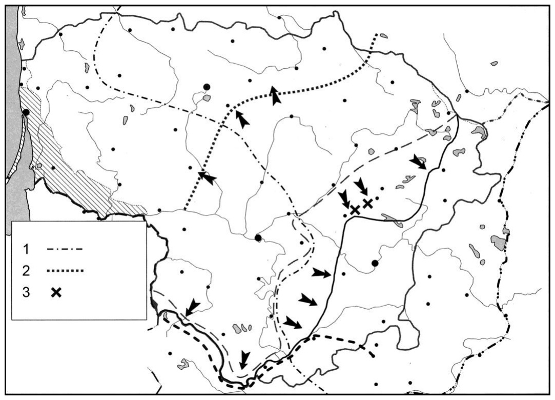 Žemėlapis: ginkluotos kovos Lietuvoje 1918–1920 m., legendoje sutartiniai ženklai 1, 2 ir 3, rodyklėmis pažymėti puolimai