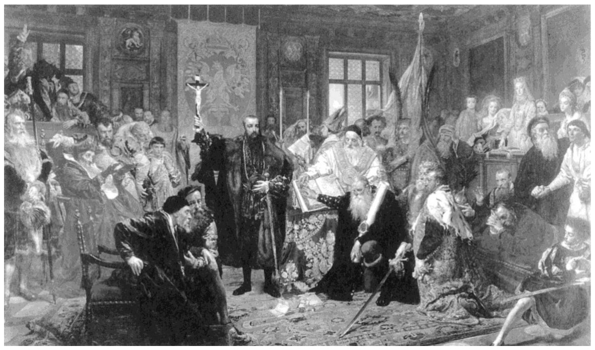 Jano Mateikos paveikslas: didikai ir dvasininkai prisiekia prie kryžiaus karaliaus akivaizdoje (Liublino unija)