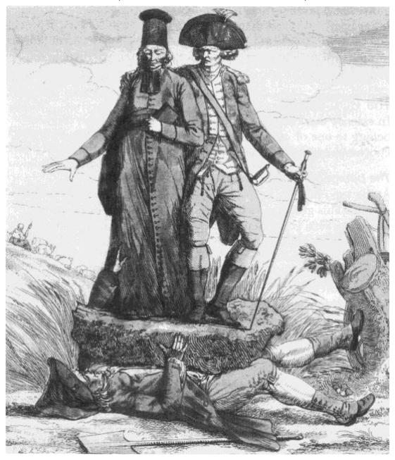 1789 m. karikatūra: dvasininkas ir bajoras stovi ant parkritusio valstiečio