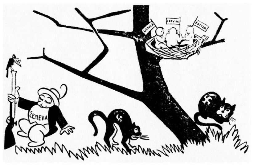 1937 m. karikatūra: medyje lizdas su paukščiais „Lietuva“, „Latvija“, „Estija“, prie medžio dvi katės su svastikomis ir triušis „Ženeva“ su šautuvu