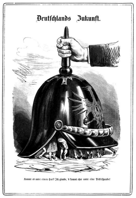 1870 m. austrų karikatūra „Deutschlands Zukunft“: ranka uždeda milžinišką prūsišką šalmą su ereliu ant mažų žmonių