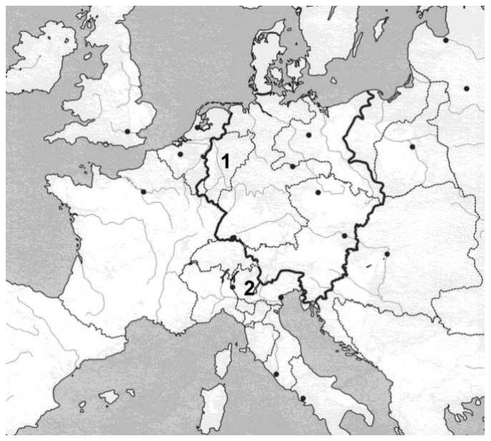 Žemėlapis: Europa po Vienos kongreso, skaičiais 1 ir 2 pažymėtos teritorijos