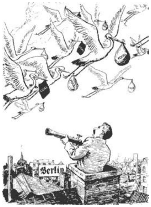 1948 m. karikatūra „Stalino dilema“: Stalinas ant Berlyno sienos žiūri per žiūroną į gandrus, nešančius maišus „Coal“ ir „Food“