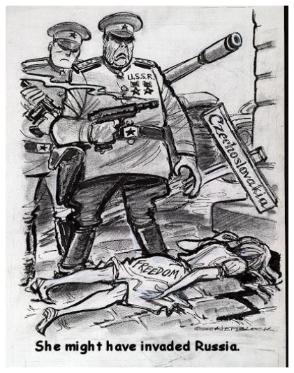 „Washington Post“ 1968 m. karikatūra: sovietų kariškiai su tanku prie parblokštos moters „Freedom“ ir ženklo „Czechoslovakia“; užrašas „She might have invaded Russia“