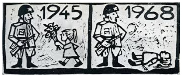 1968 m. Prahos gatvėse pasirodęs plakatas: 1945 m. mergaitė įteikia gėles sovietų kariui, 1968 m. karys ją parbloškia