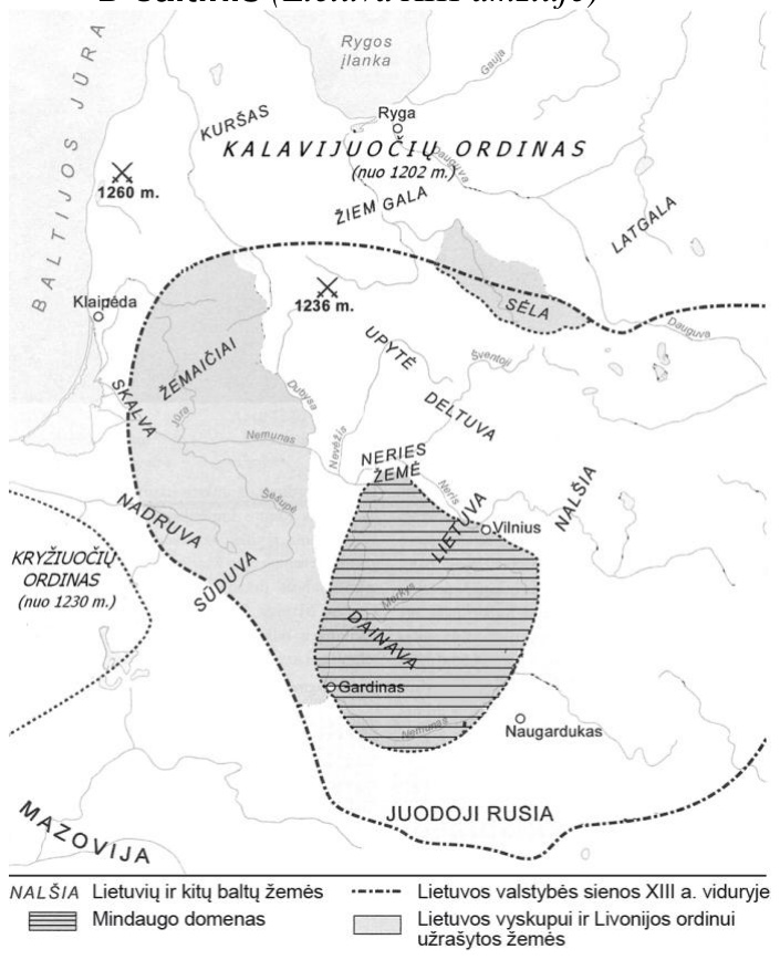 Žemėlapis: Lietuva XIII amžiuje, baltų žemės, Mindaugo domenas, Lietuvos valstybės sienos XIII a. viduryje, mūšių vietos 1236 m. ir 1260 m.