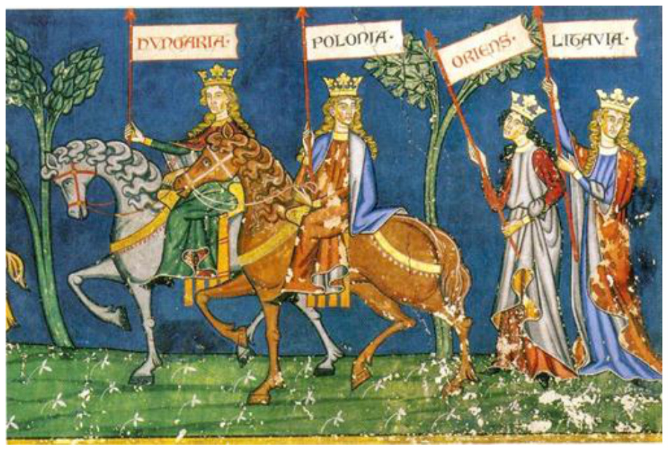 Strasbūro Šv. Petro bažnyčios freskos „Tautų žygis prie kryžiaus“ fragmentas: karūnuoti raiteliai su vėliavomis „Hungaria“, „Polonia“, „Oriens“, „Litavia“