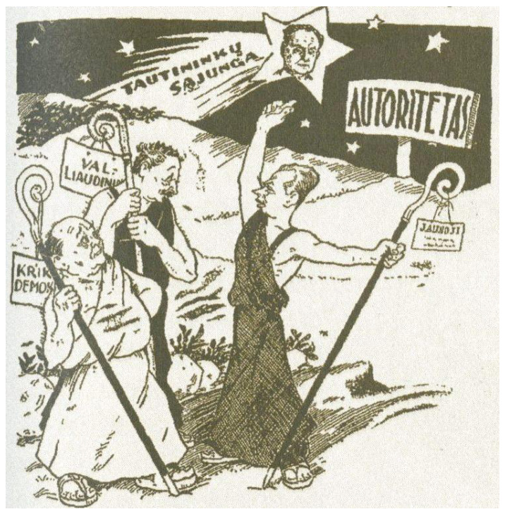 1938 m. karikatūra „Miręs parlamentarizmas“: senoliai su lazdomis („Krikščionys demokratai“, „Valstiečiai liaudininkai“, „Socialdemokratai“) prieš iškabą „Autoritetas“ ir Tautininkų sąjungą